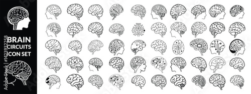 brain circuits icon set, illustration of brains in vector, black and white shapes of brain in vector ,Brain circuits