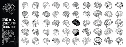 brain circuits icon set, illustration of brains in vector, black and white shapes of brain in vector ,Brain circuits