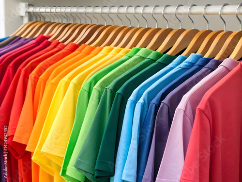 Wallpaper Mural Colorful t shirts hanging on rack, vibrant wardrobe apparel, fashion clothing Torontodigital.ca
