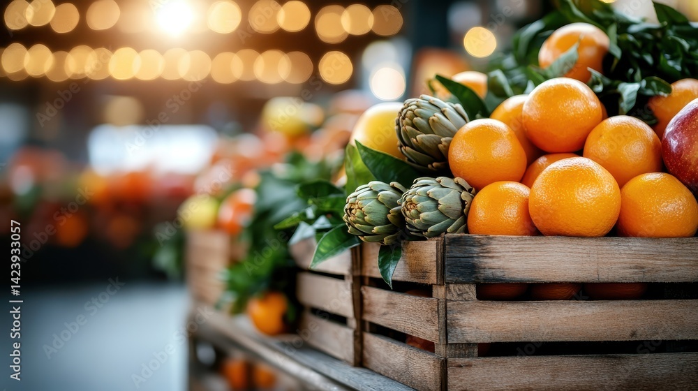 A charming display of oranges and artichokes in wooden crates, beautifully arranged to evoke a warm, inviting atmosphere typical of local markets and fresh produce.