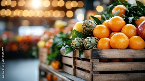 Obraz na płótnie A charming display of oranges and artichokes in wooden crates, beautifully arranged to evoke a warm, inviting atmosphere typical of local markets and fresh produce. w salonie