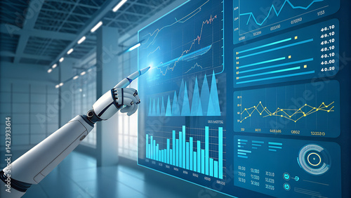 Robot arm pointing at data charts and graphs on a large screen in a modern industrial setting