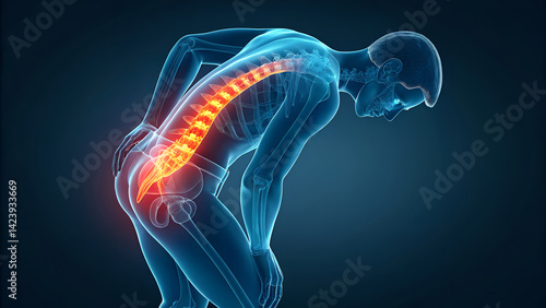 Human figure with back pain highlighted in orange and red against a blue background