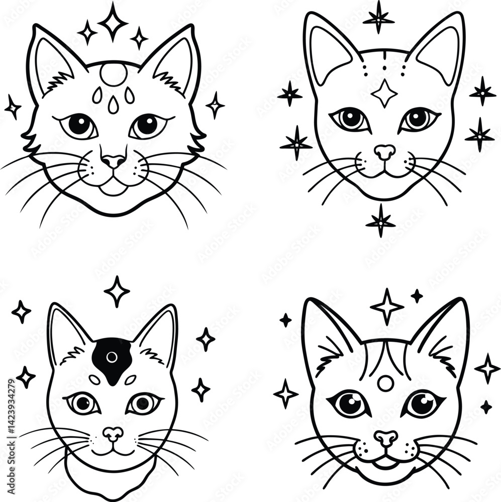 Fototapeta premium Mystical cat faces with celestial stars black and white outlines