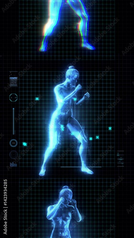 A digital tech screen featuring 3D holographic style human character. A digital tech screen featuring 3D holographic style human character.