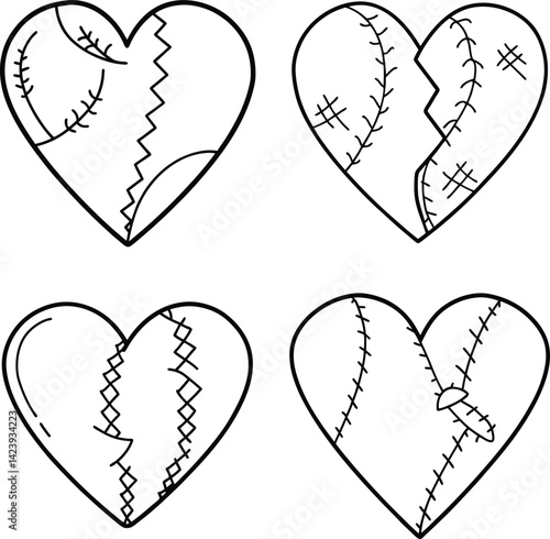 Four hand drawn hearts with stitch patterns isolated on white