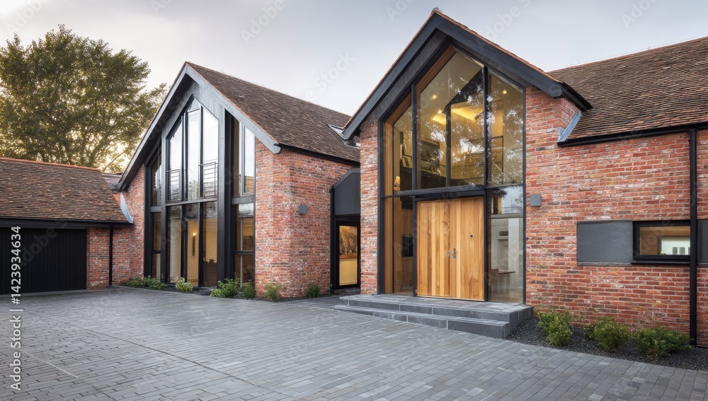Obraz premium Modern Brick House Design: Large Windows & Stylish Wooden Door Entrance, Features Brick Exterior & Contemporary Architecture.
