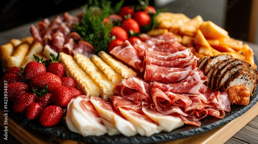 A beautifully arranged charcuterie board featuring assorted meats, cheeses, and fresh strawberries, creating a delightful visual and culinary experience. A beautifully arranged charcuterie board featuring assorted meats, cheeses, and fresh strawberries, creating a delightful visual and culinary experience.