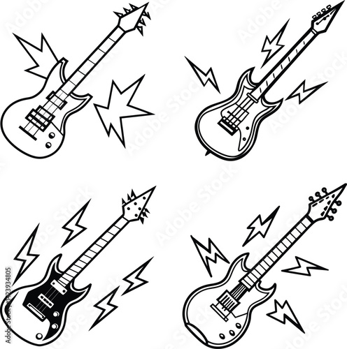 Electric guitar doodle pattern black and white rock music illustration