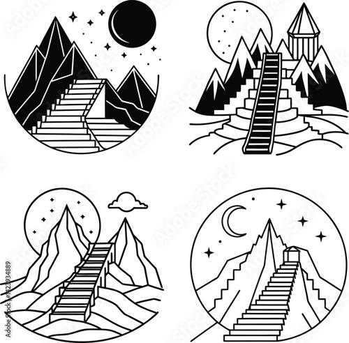 Mountain peaks and stairways minimalist black and white logo graphic collection