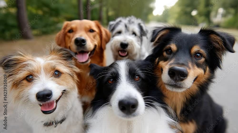 Happy pups! Furry friends are smiling on a walk outside together Happy pups! Furry friends are smiling on a walk outside together