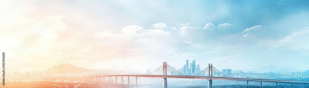 Majestic Bridge Spanning Tranquil River with Vibrant City Skyline in Background Under Clear Blue Sky Evoking Urban Serenity and Natural Beauty Majestic Bridge Spanning Tranquil River with Vibrant City Skyline in Background Under Clear Blue Sky Evoking Urban Serenity and Natural Beauty