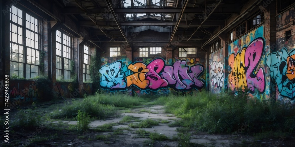 Fototapeta premium Large colorful graffiti art covering walls of abandoned decaying industrial building with overgrown weeds and vegetation growing inside
