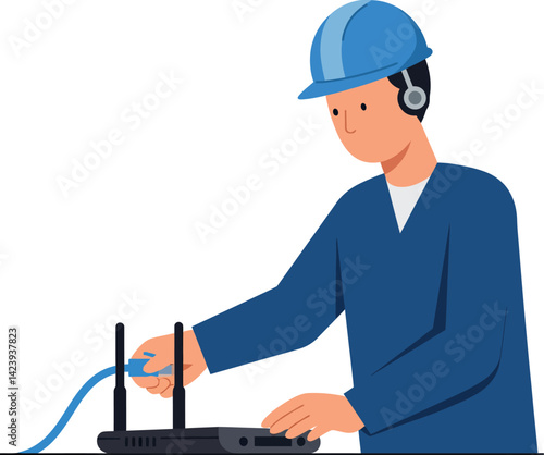 Technician connecting cables to router wearing safety helmet and headset vector illustration 
