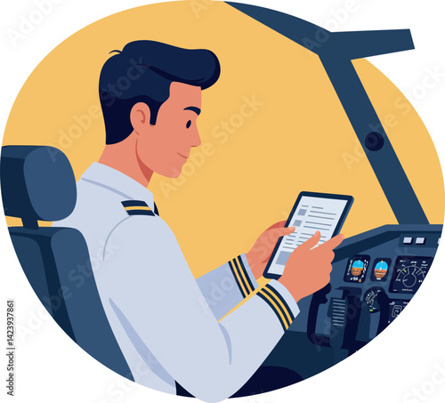 Pilot reading checklist in airplane cockpit vector illustration with yellow background 