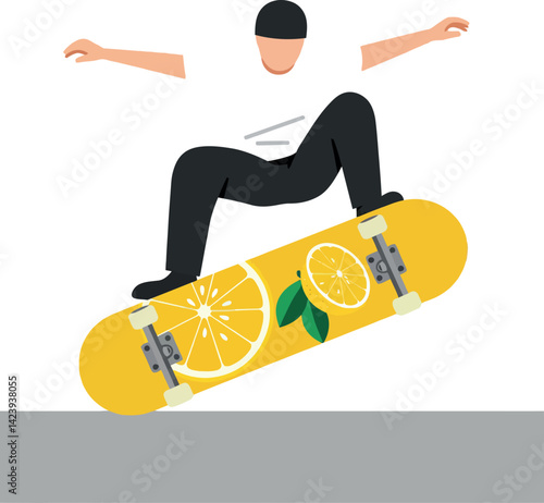 Skateboarder performing trick on yellow lemon design skateboard vector illustration 