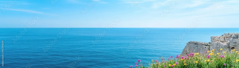 Vibrant Wildflowers Blooming on a Majestic Cliffside Overlooking the Expansive Ocean with a Clear Blue Sky Creating a Tranquil Scenic Viewpoint Vibrant Wildflowers Blooming on a Majestic Cliffside Overlooking the Expansive Ocean with a Clear Blue Sky Creating a Tranquil Scenic Viewpoint