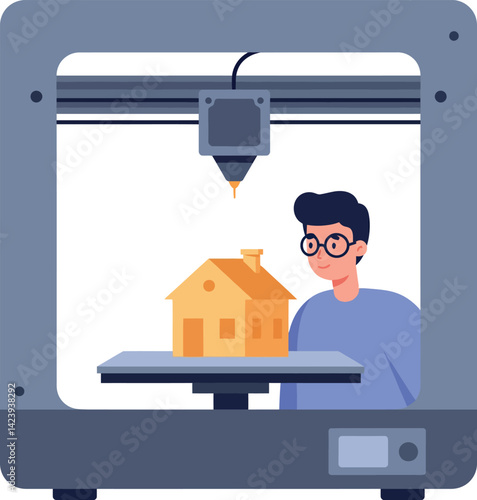 3D printer creating house model with man observing innovative technology process 