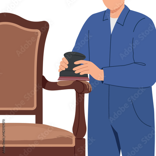 Furniture restoration worker sanding wooden chair arm for refinishing project vector illustration 