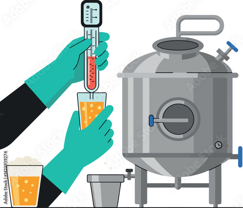 Brewing Process Illustration with Fermentation Tank and Measuring Thermometer Vector