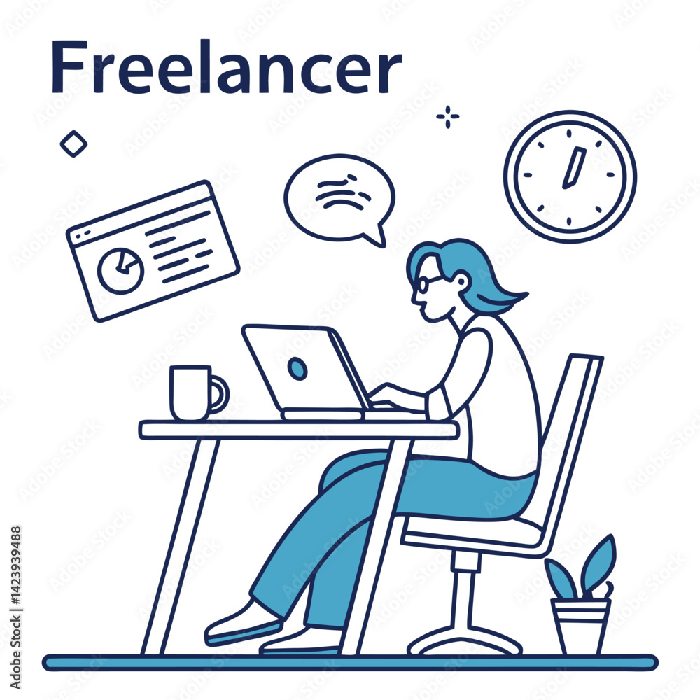 Naklejka premium A freelancer icon with a laptop and a coffee mug on a desk vector art design , vector design ,freelancer icon .