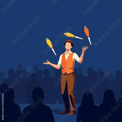 Juggler performing with clubs on stage in front of audience vector illustration 