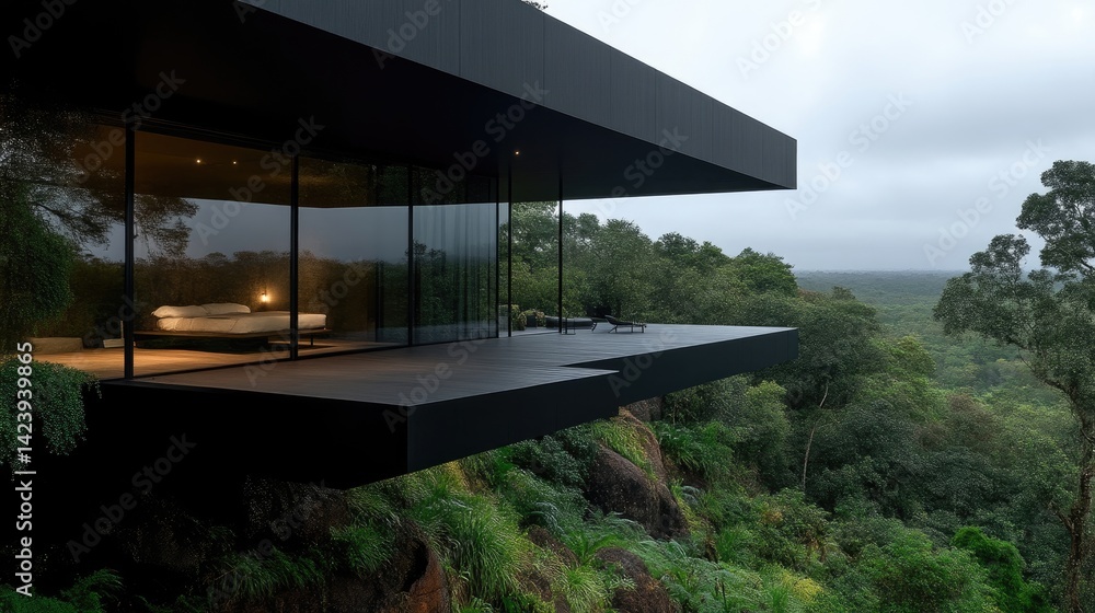 Modern cantilevered house with glass walls overlooking a lush green forest landscape. Modern cantilevered house with glass walls overlooking a lush green forest landscape.