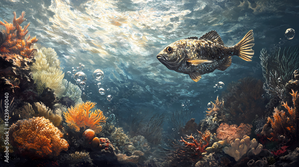 Fototapeta premium Grande pesce con bolle e coralli. Whim Tide. Illustration