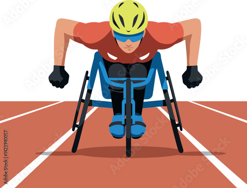Paralympic wheelchair racer competing on track with yellow helmet and red shirt vector illustration 