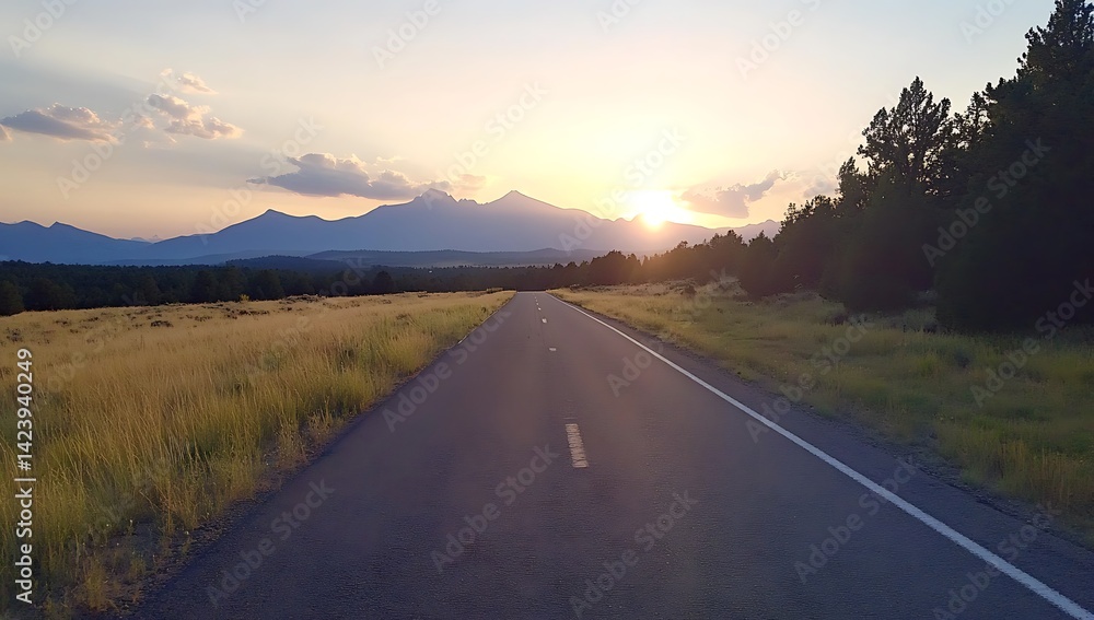 Naklejka premium A beautiful country road with the sun setting in the background, surrounded by fields and forests