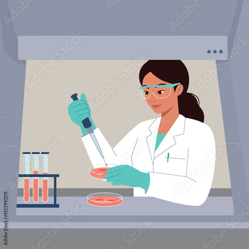 Female scientist working with petri dish and pipette in laboratory setting vector illustration 