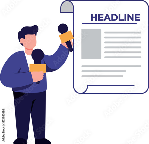 Reporter holding two microphones presenting news headline illustration in simple flat style vector 
