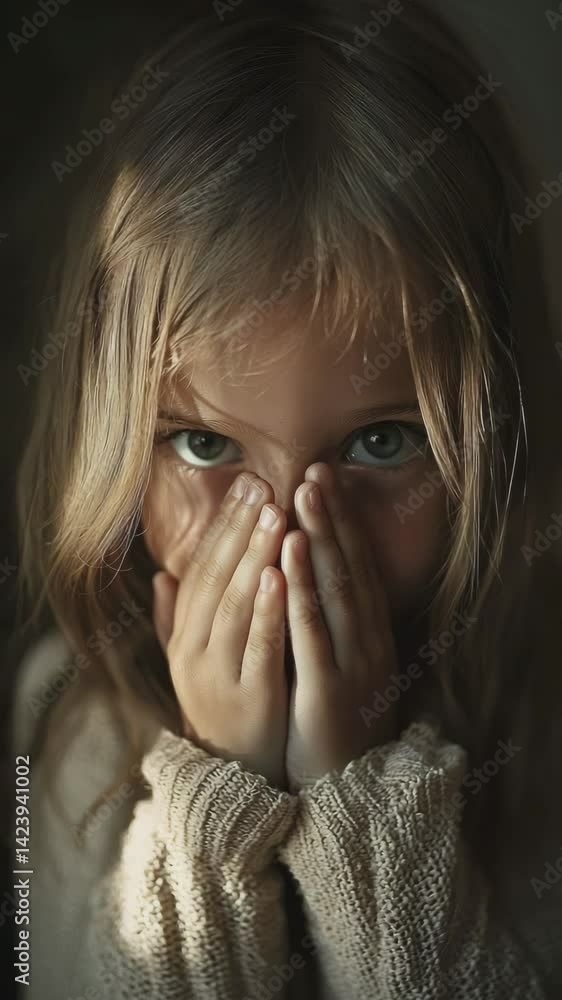 Mystery Gaze: A captivating portrait of a young girl, her eyes locked onto the viewer while hands gently conceal her mouth, an evocative interplay of vulnerability and mystery. Mystery Gaze: A captivating portrait of a young girl, her eyes locked onto the viewer while hands gently conceal her mouth, an evocative interplay of vulnerability and mystery.