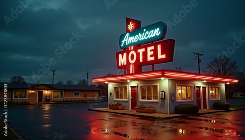 Vintage roadside motel neon sign reflecting on wet ground at night
