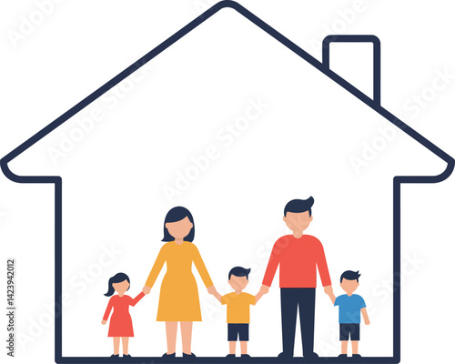 Family standing inside house outline vector illustration concept of home and togetherness 