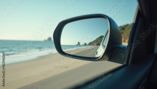 Coastal highway reflection realistic style in natural colors seen in a car mirror representing a road trip