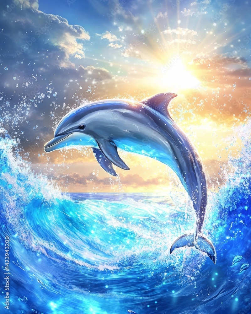 Obraz premium A dolphin jumps gracefully through the ocean waves. The sun sparkles in the background. This image captures the beauty of marine life. Generative AI.