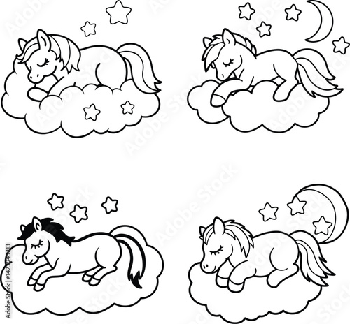 Cute unicorns sleeping on clouds coloring page vector illustration line art