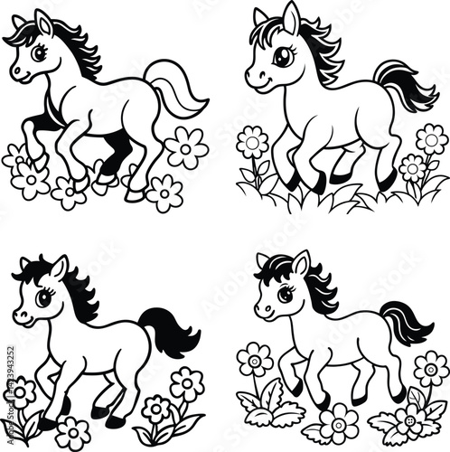 Cute pony characters with flowers outline black and white vector illustration