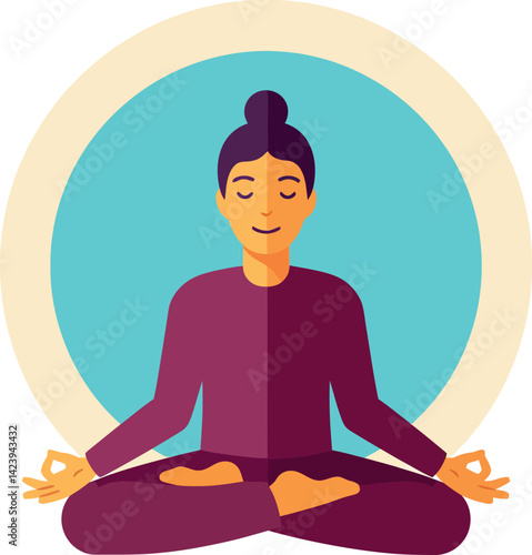 Woman Meditating in Purple Clothes in Lotus Pose with Blue Halo Circle Vector Illustration 
