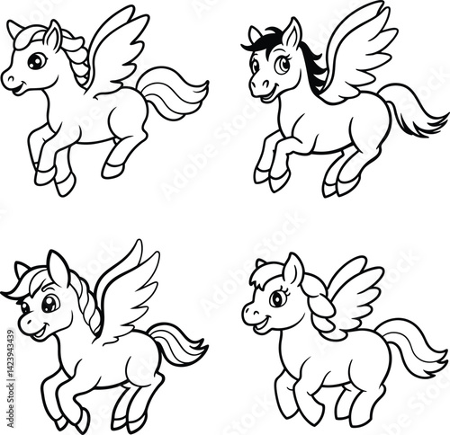 Four cute cartoon pegasus characters in black and white outlines