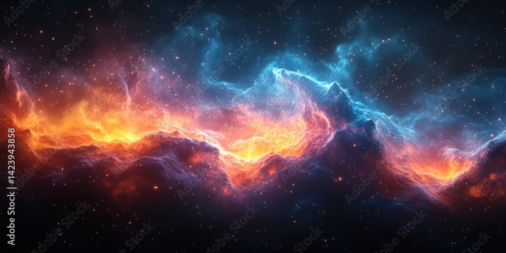 Fototapeta premium Colorful cosmic nebula swirls in deep space with bright orange and blue hues