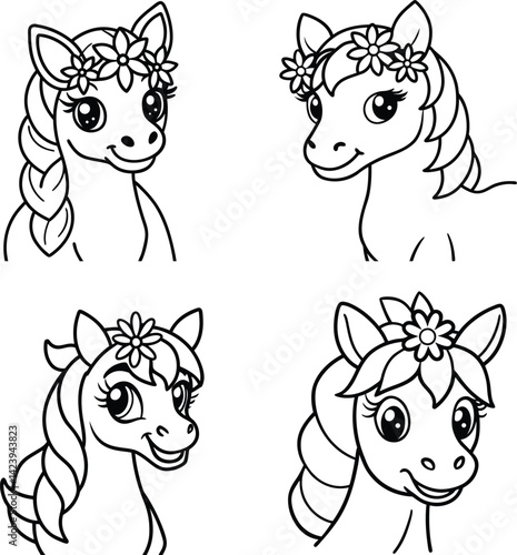 Four cute cartoon horses with flower crowns outlines for coloring page