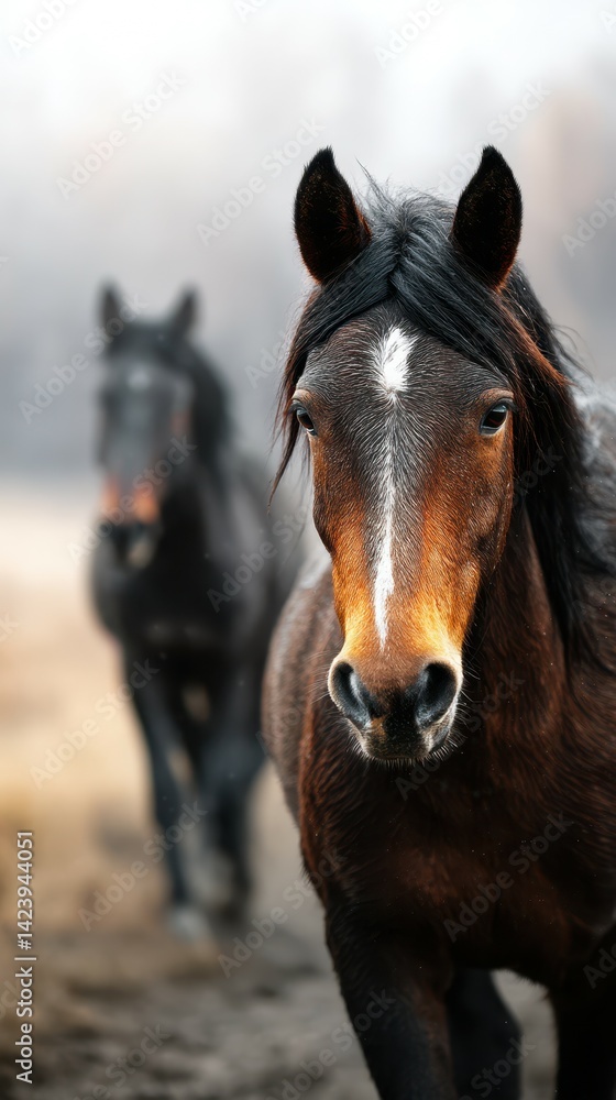 Horses grazing peacefully in a misty pasture during early morning hours Horses grazing peacefully in a misty pasture during early morning hours