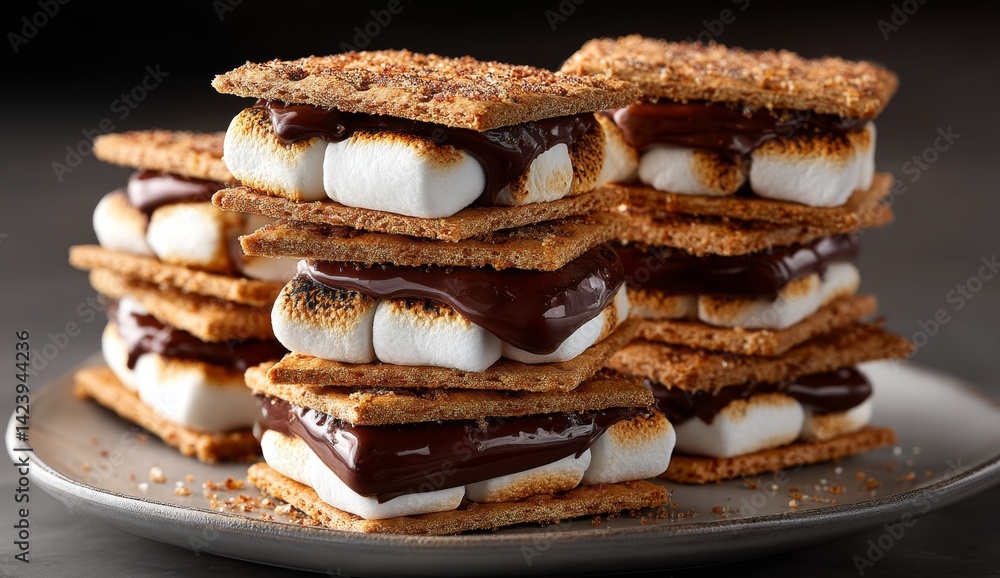 Delectable S'mores: Graham Crackers, Melted Chocolate, and Toasted Marshmallows Stacked High for a Sweet Treat Delectable S'mores: Graham Crackers, Melted Chocolate, and Toasted Marshmallows Stacked High for a Sweet Treat