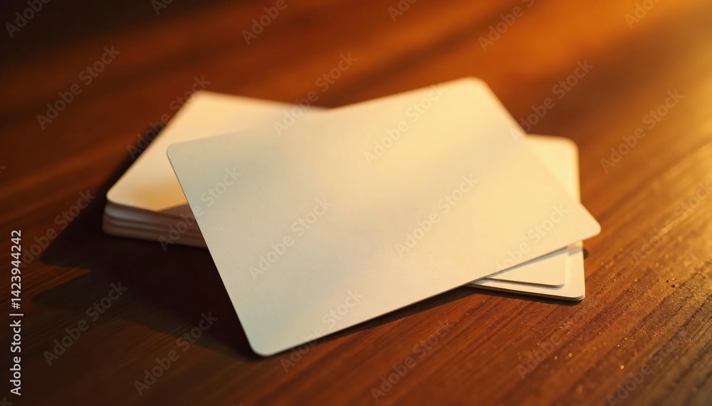 A stack of blank cards resting on a wooden surface, illuminated by warm light, suggesting creativity A stack of blank cards resting on a wooden surface, illuminated by warm light, suggesting creativity