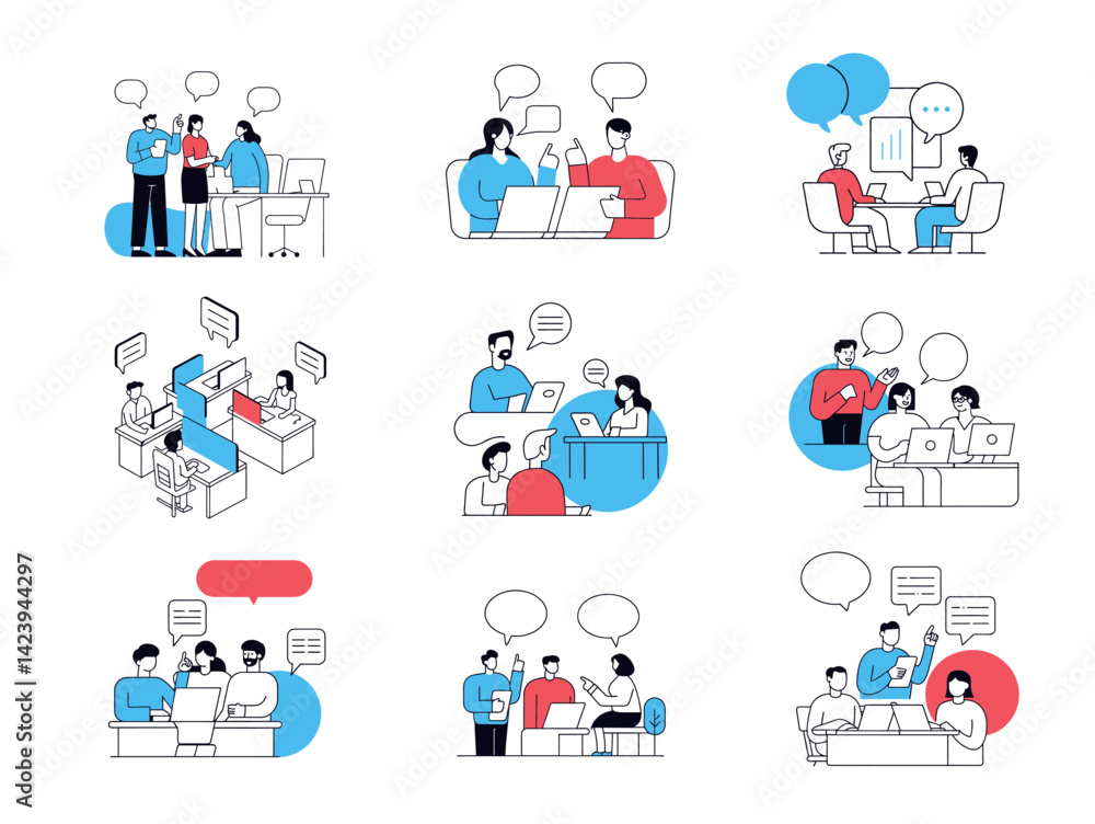 office employees communicating discussing information illustrated scenarios speech bubbles indicating conversations, presentation desk laptop workplace office employees communicating discussing information illustrated scenarios speech bubbles indicating conversations, presentation desk laptop workplace