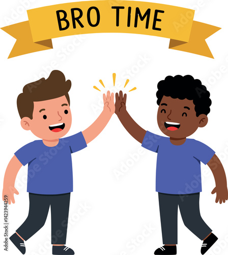 Two boys high five celebrating friendship with bro time banner vector illustration 