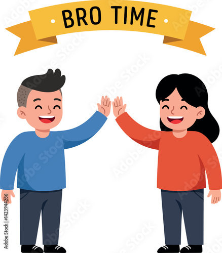 Two friends giving high five with bro time banner vector illustration casual happy moment 