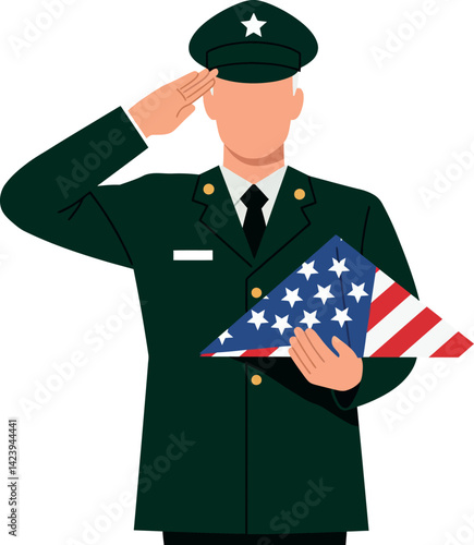 Military soldier saluting while holding folded American flag in uniform vector illustration 